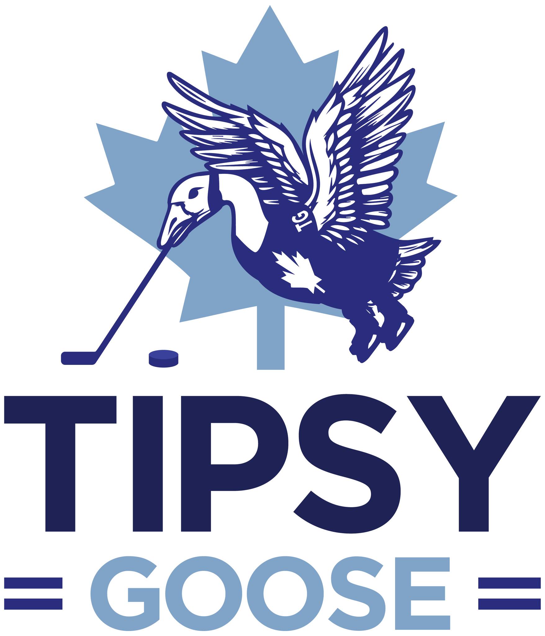 Flying goose image holding a hockey stick in his mouth and chasing a puck